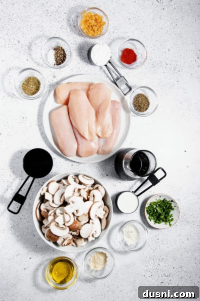Effortless Slow Cooker Chicken Marsala 5 Fresh ingredients laid out for Chicken Marsala recipe