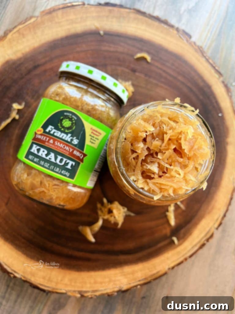 A jar of Frank's Sweet & Smoky BBQ Kraut, the secret ingredient for this pizza.