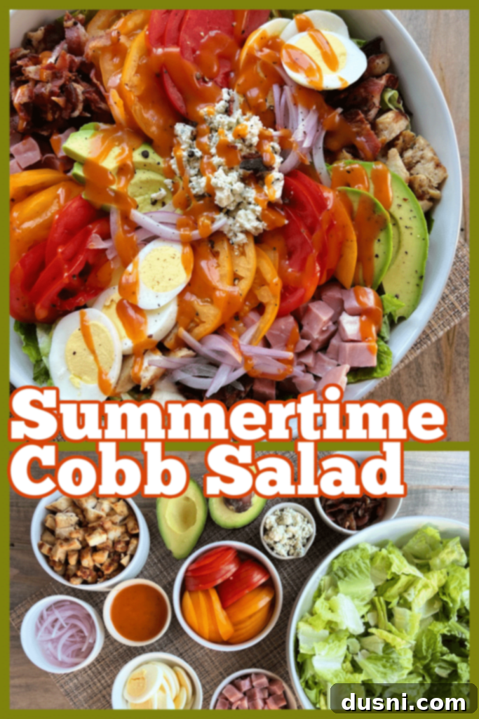 Summer's Crisp Cobb 8 An overhead view of the Summertime Cobb Salad, showcasing its colorful ingredients and creamy dressing.