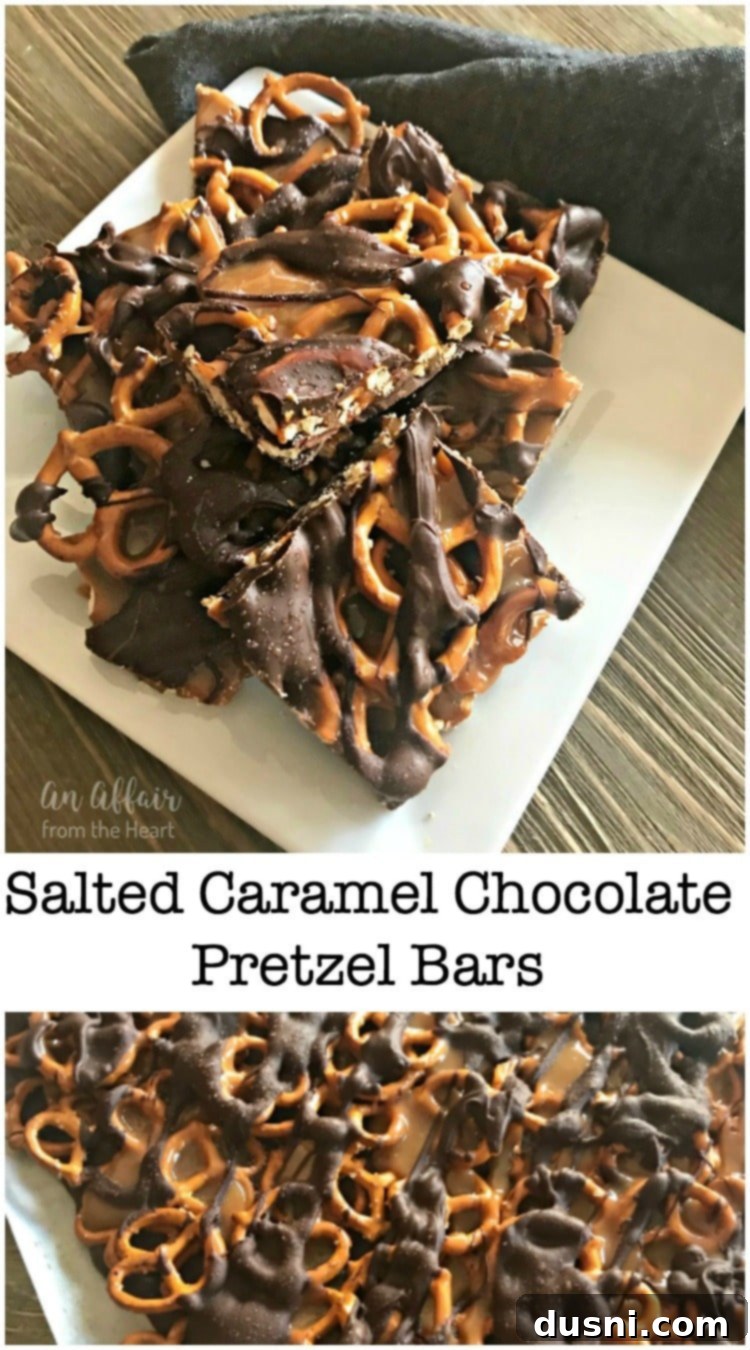 Sweet Salty Chocolate Pretzel Delight 19 Salted Caramel Chocolate Pretzel Bars -- An Affair from the Heart brand image