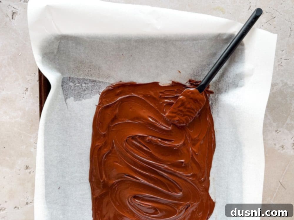 Sweet Salty Chocolate Pretzel Delight 8 Step 2: Spreading melted chocolate on a baking sheet