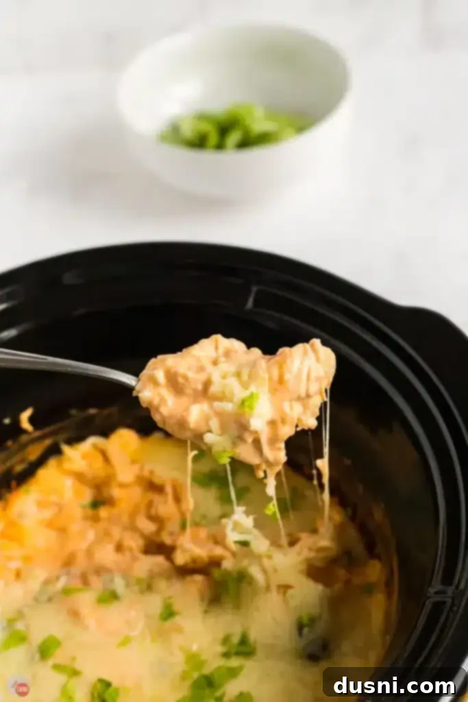Irresistible Dips for Every Occasion 16 Slow Cooker Spicy Buffalo Chicken Dip, ready to be scooped with celery sticks.