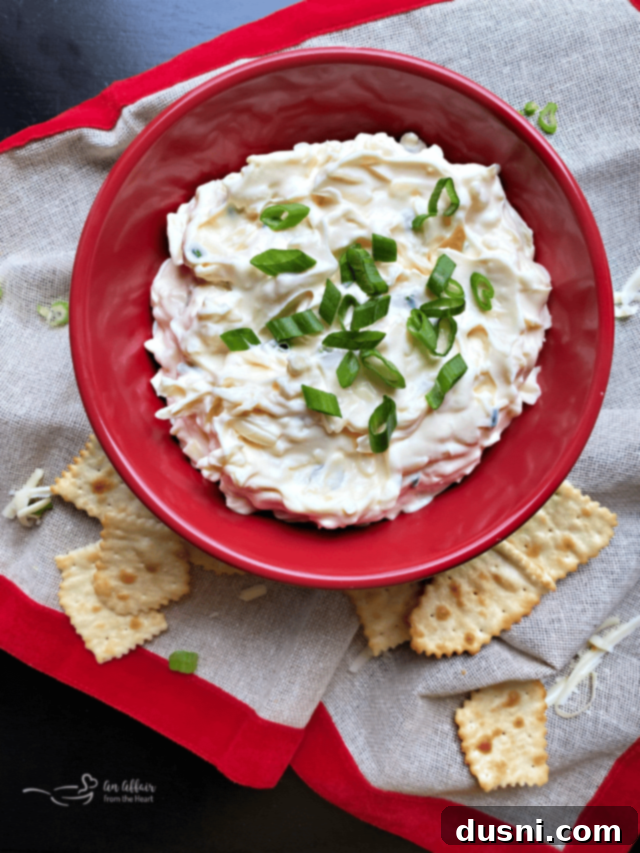 Irresistible Dips for Every Occasion 20 Swiss Cheese Dip in a red bowl, surrounded by a variety of crackers.