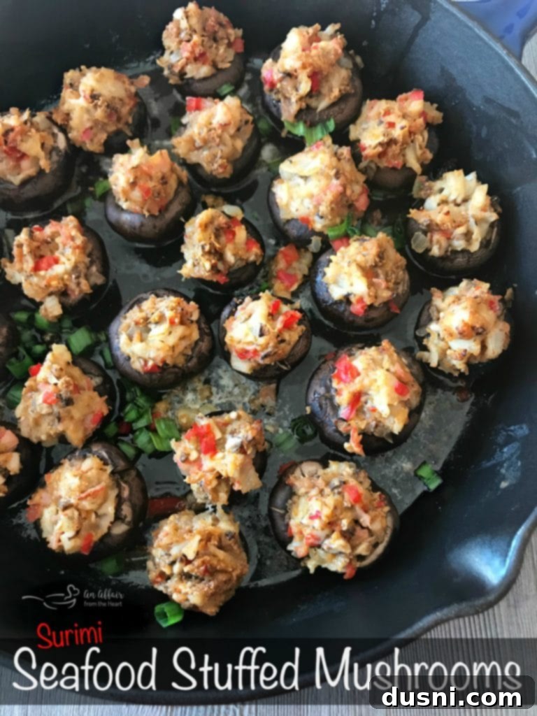 Creamy Surimi Stuffed Mushrooms 11 Hero shot of beautifully presented Surimi Seafood Stuffed Mushrooms