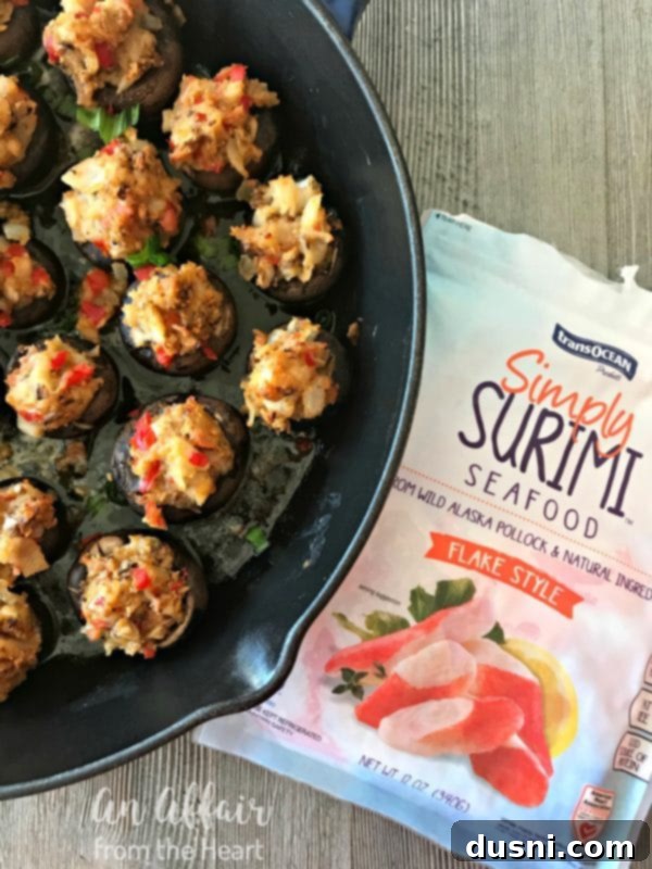 Creamy Surimi Stuffed Mushrooms 10 Finished Surimi Seafood Stuffed Mushrooms, garnished with green onions