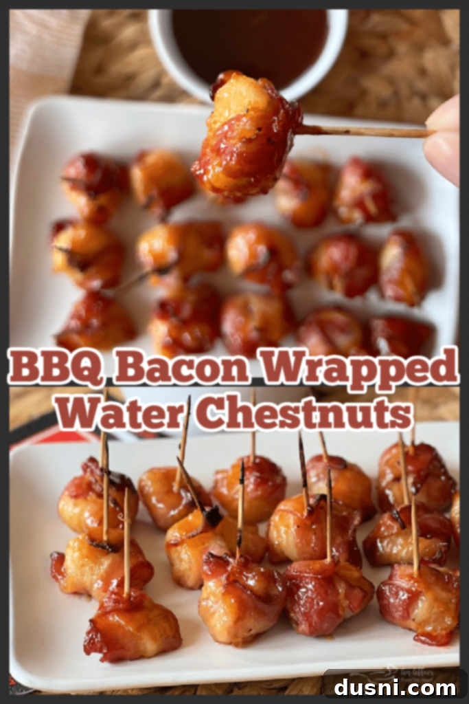 A top-down view of Dorothy's BBQ Bacon Wrapped Water Chestnuts arranged artfully on a white platter.