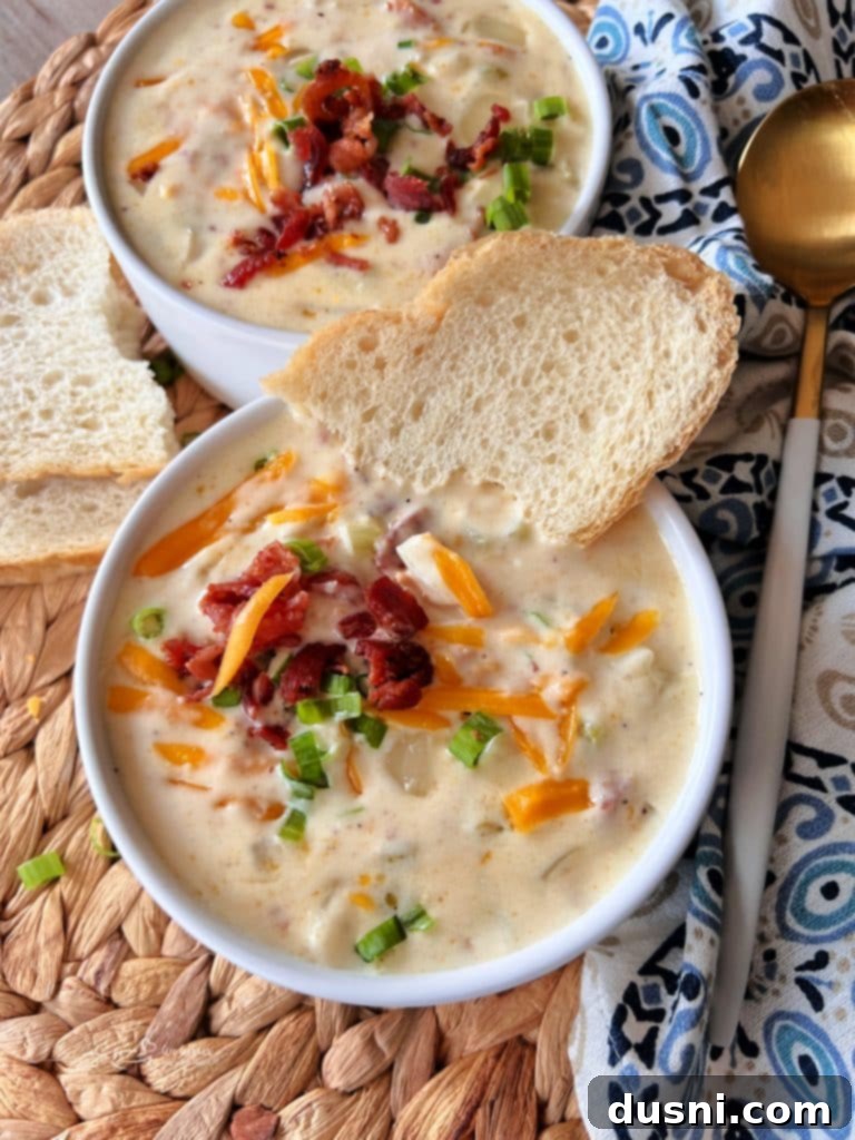 Rich and Velvety Bacon Soup 2 Close up of a bowl of Creamy Bacon soup topped with a piece of bread on the side of the bowl.
