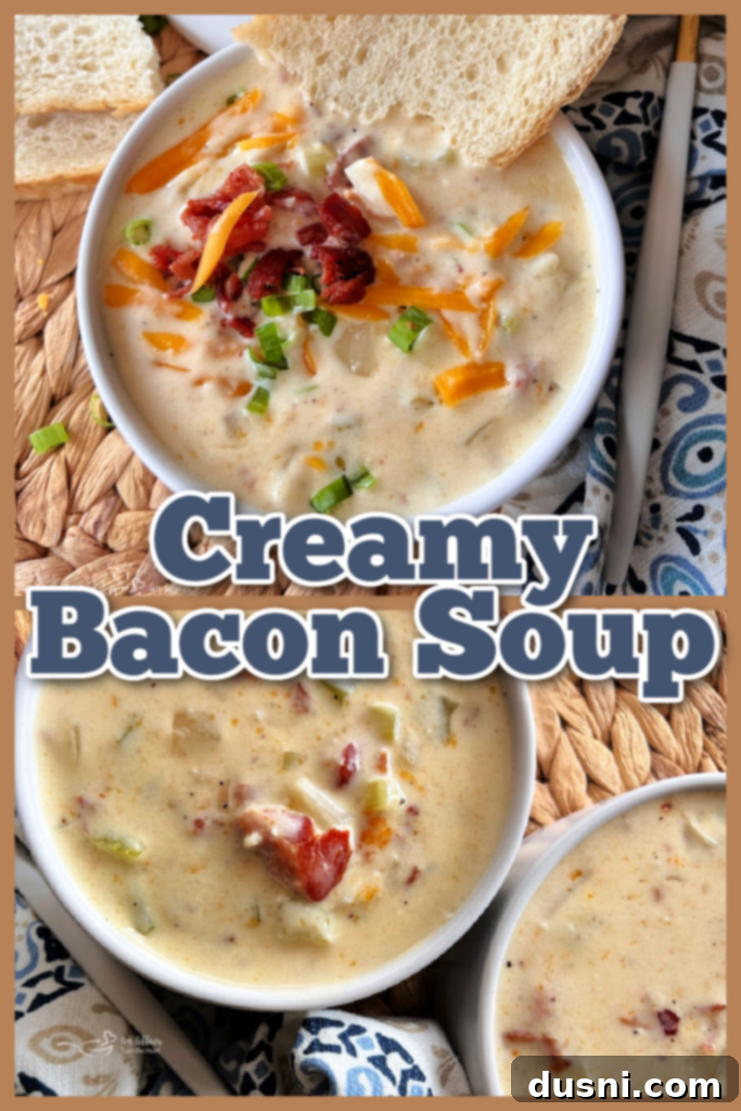 Rich and Velvety Bacon Soup 11 Side view of creamy bacon soup in a Dutch oven.