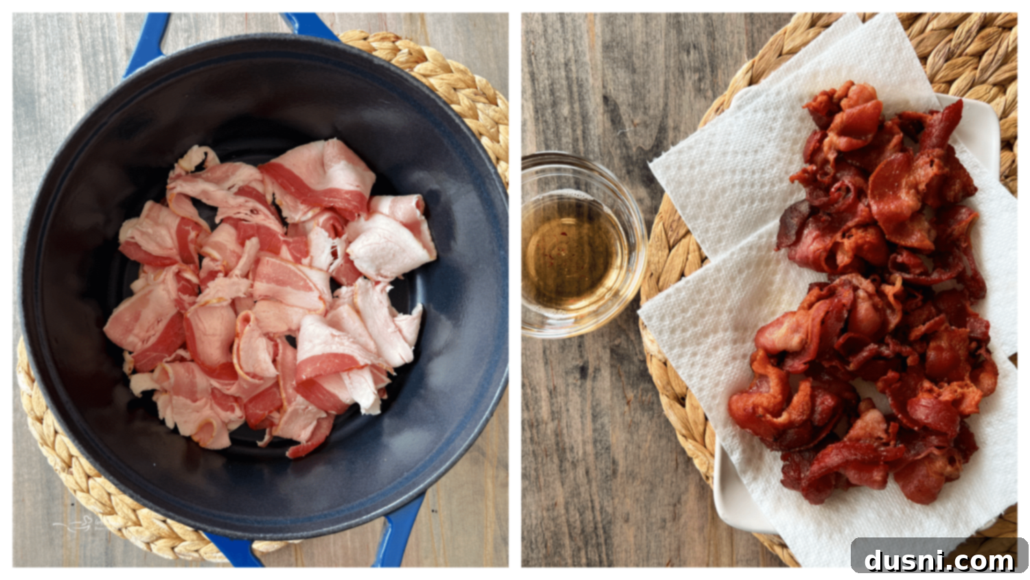 Rich and Velvety Bacon Soup 6 Step-by-step image of cooking bacon in a Dutch oven.