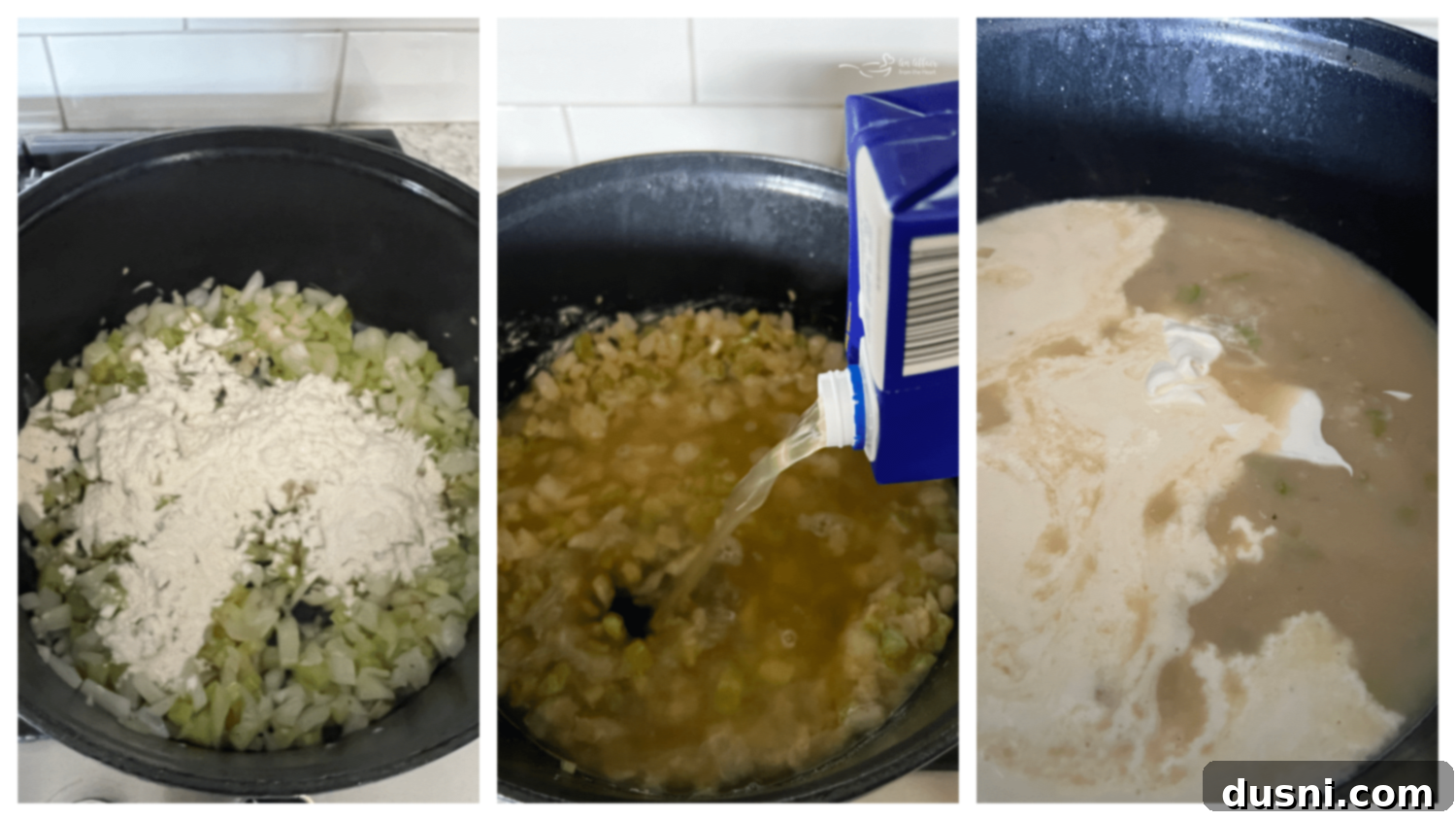 Rich and Velvety Bacon Soup 8 Step-by-step image of adding flour to vegetables in a Dutch oven.