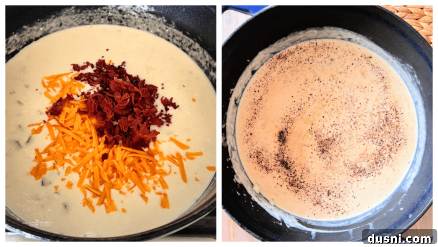 Rich and Velvety Bacon Soup 9 Step-by-step image of adding cheese to creamy bacon soup.