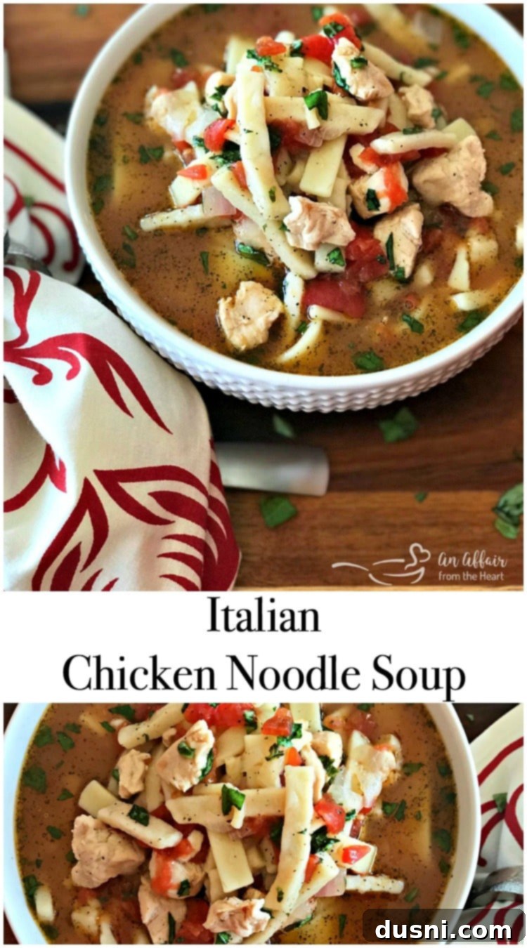 Hearty Italian Chicken Noodle Soup 3 Italian Chicken Noodle Soup with fresh basil garnish, ready to be served – a heartfelt family favorite.