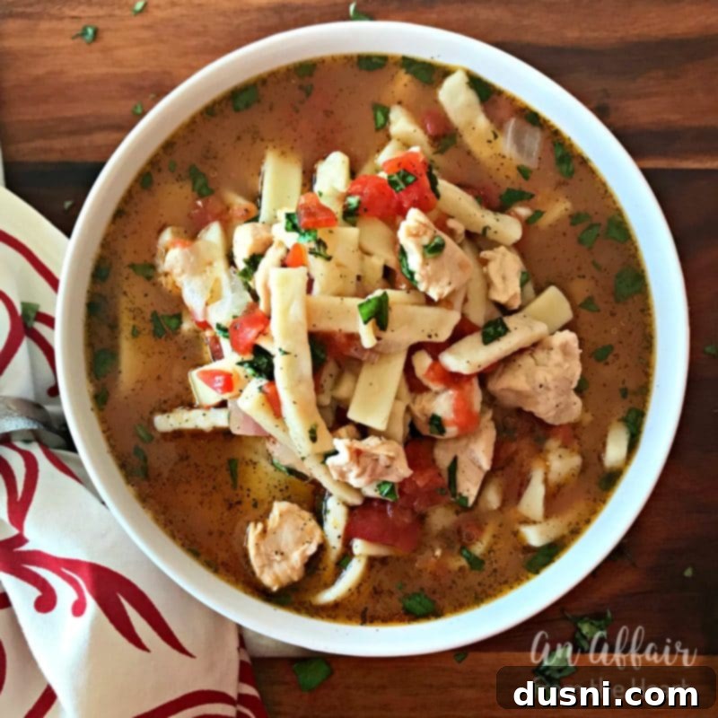 Hearty Italian Chicken Noodle Soup 4 A steaming bowl of Italian Chicken Noodle Soup garnished with fresh parsley, ready to be enjoyed.