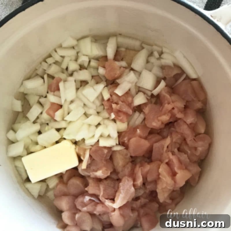 Hearty Italian Chicken Noodle Soup 7 Sautéing chicken, chopped onion, and minced garlic in a Dutch oven for Italian Chicken Noodle Soup.