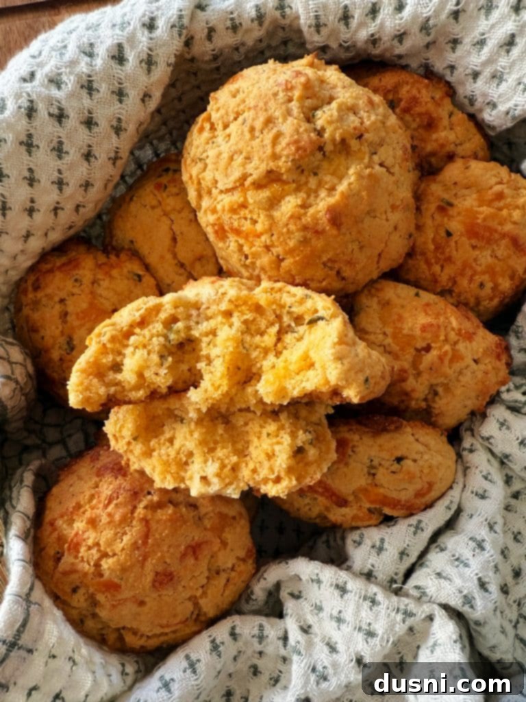 Dorothys Golden Cornbread Drops 2 Close up of a plate of golden-brown Cheesy Cornbread Drop Biscuits with a bite taken out of one, showing the fluffy interior and melted cheese.