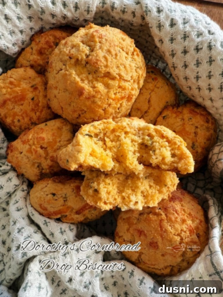 Dorothys Golden Cornbread Drops 12 A hero shot of golden-brown Cheesy Cornbread Drop Biscuits arranged in a rustic bowl, ready to be served.