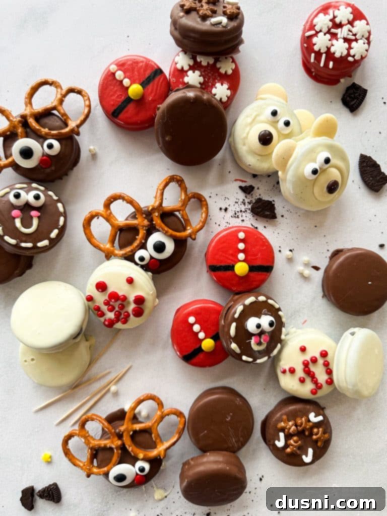 Close-up of a decorated chocolate-dipped Christmas Oreo, featuring intricate details and vibrant colors.