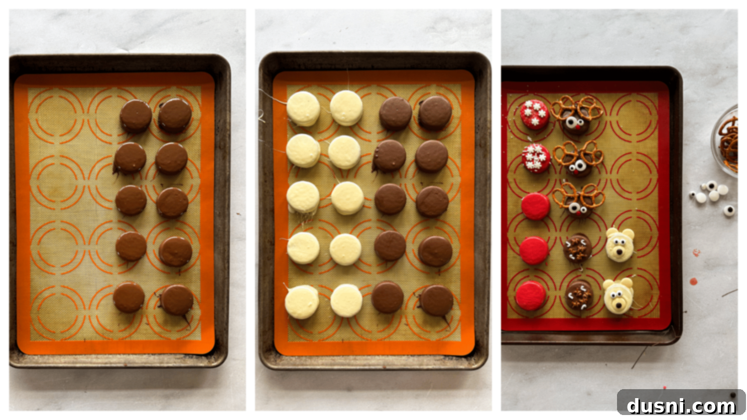 Several Oreo cookies are being dipped into bowls of melted candy wafers in various colors, showcasing the preparation process.