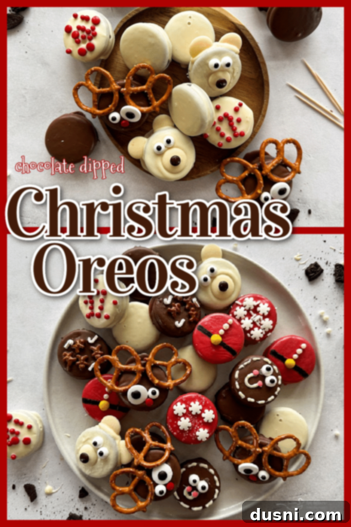 A vibrant display of various chocolate-dipped Christmas Oreos, showcasing different colors and decorative elements on a festive background.