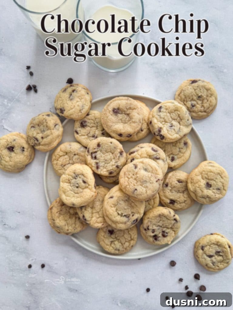 Soft & Chewy Chocolate Chip Sugar Cookies 15 Hero shot of chocolate chip sugar cookies with milk and sprinkles