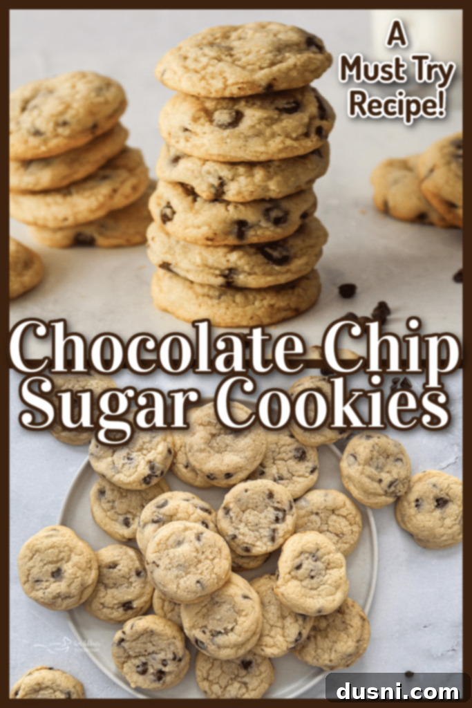 Soft & Chewy Chocolate Chip Sugar Cookies 9 Overhead view of chocolate chip sugar cookies on a cooling rack with milk in the background
