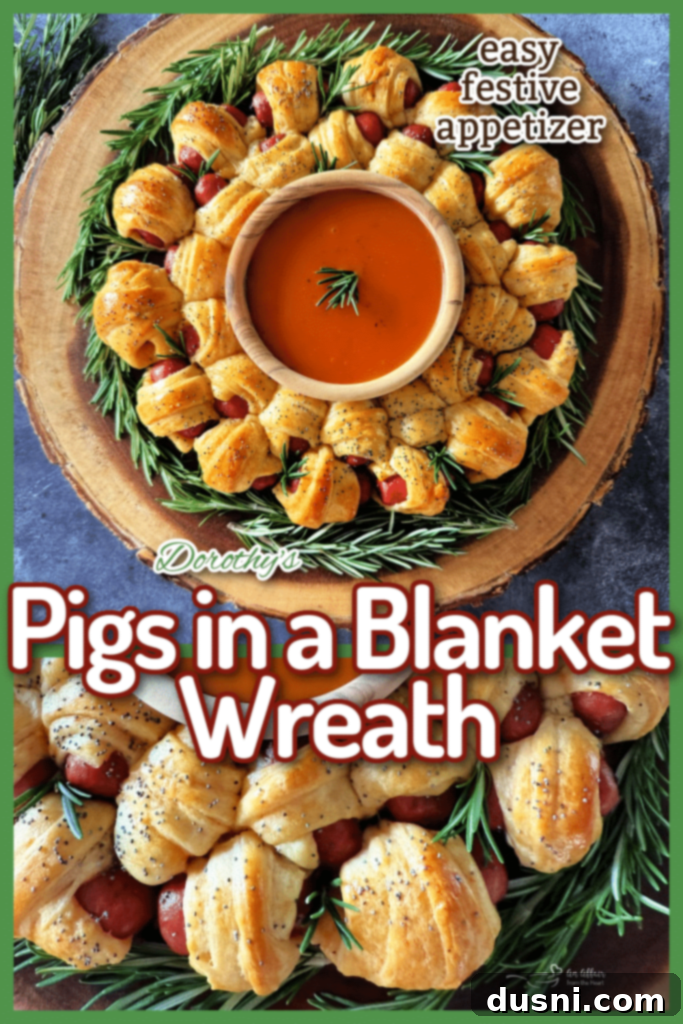 Pull-Apart Pigs in a Blanket Wreath 13 Overhead shot of the finished Pigs in a Blanket Wreath with a central bowl of Dorothy Lynch dressing, ready for serving.