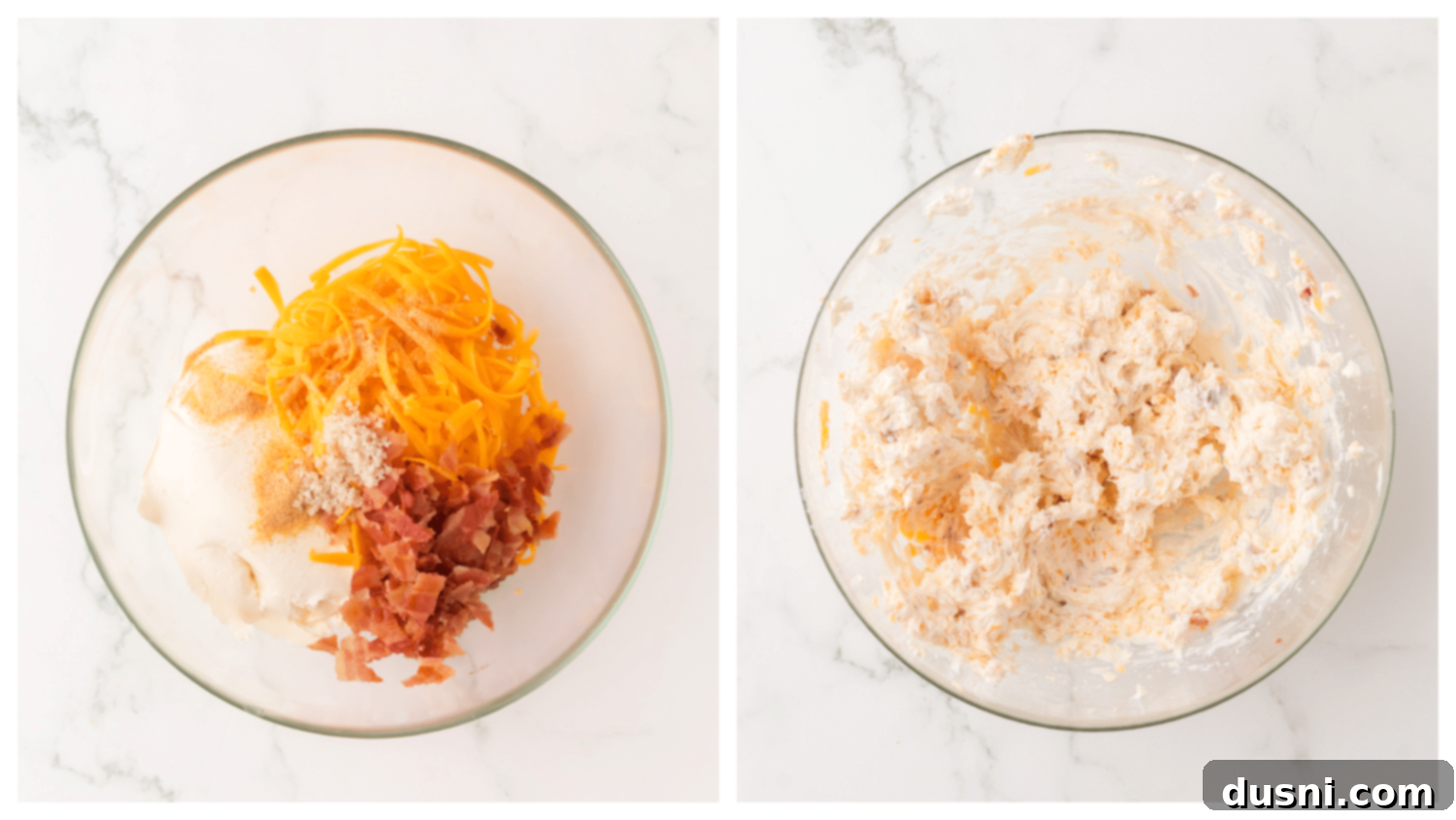 Ingredients for the cream cheese filling (cream cheese, shredded cheddar, bacon bits, garlic powder, salt) in a mixing bowl.