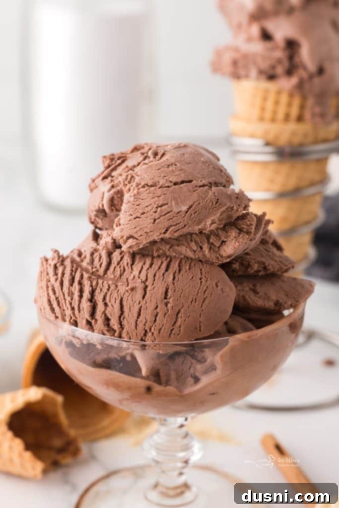 Pinterest graphic for no-churn chocolate malt ice cream recipe.