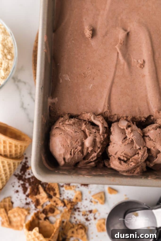 A serving of chocolate malt ice cream in a clear glass dish, topped with chocolate shavings.