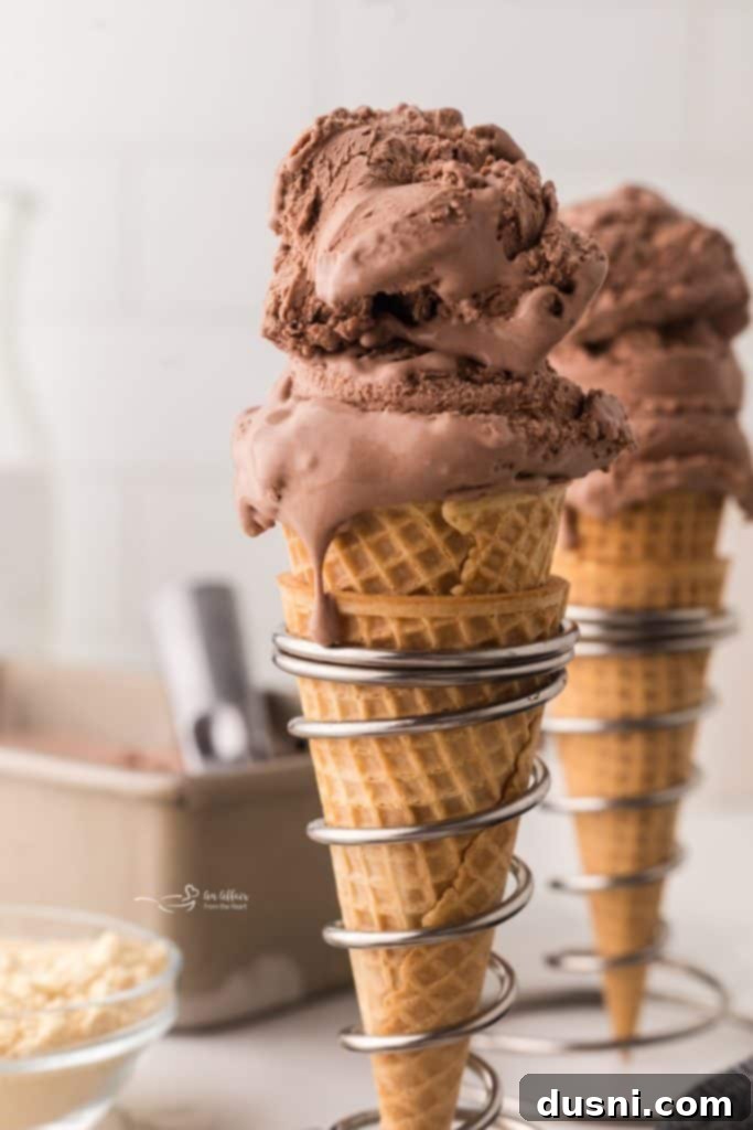 Close up of chocolate malt ice cream being scooped from a container.