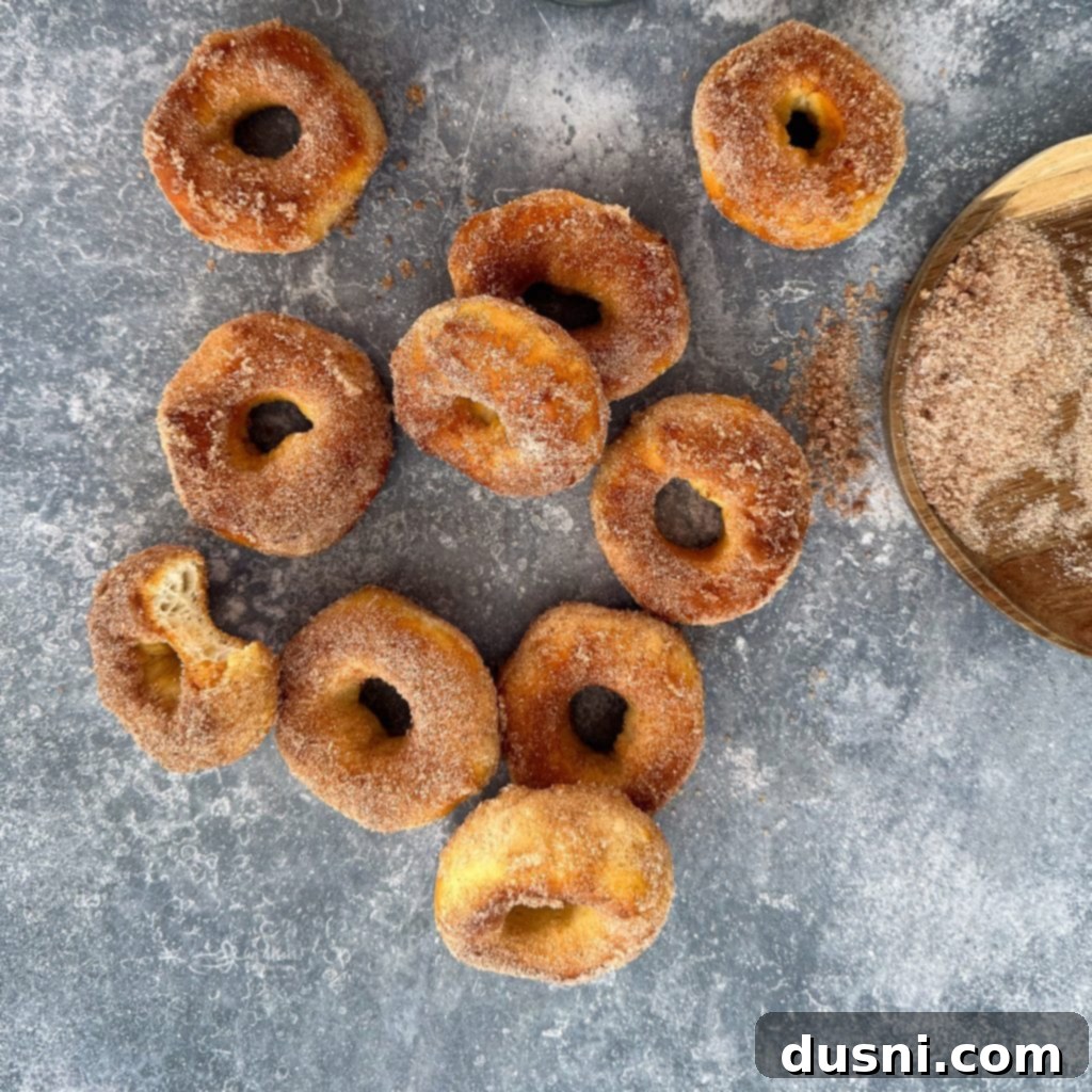 Golden Air Fryer Biscuit Doughnuts 11 Finished air fryer biscuit donuts coated in cinnamon sugar, stacked on a cooling rack.