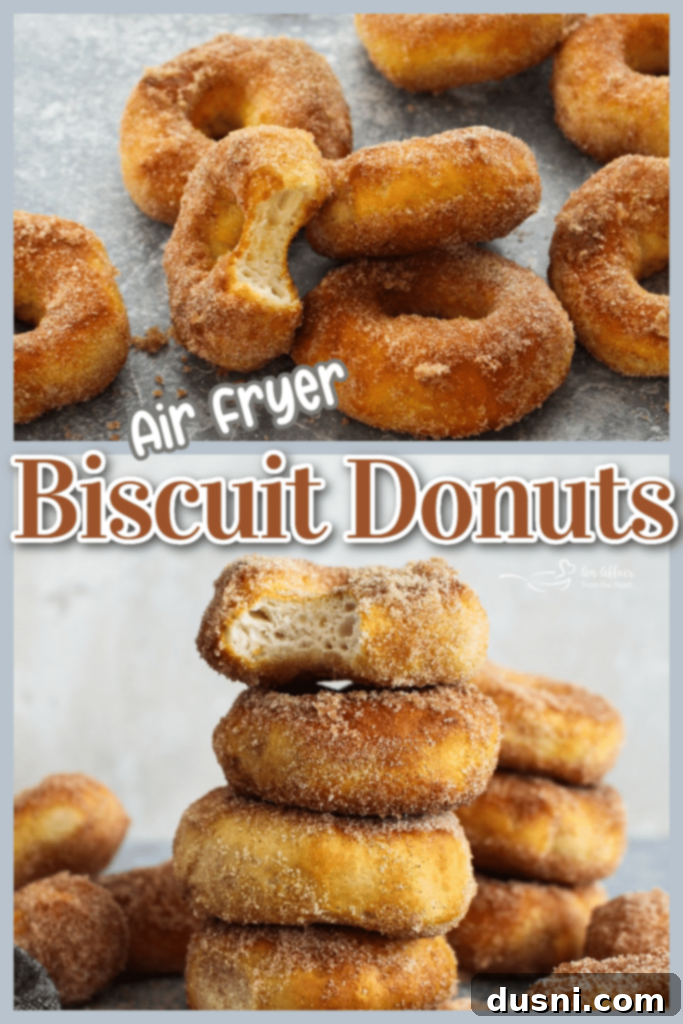 Golden Air Fryer Biscuit Doughnuts 12 A single air fryer biscuit donut with cinnamon sugar on a wooden board.