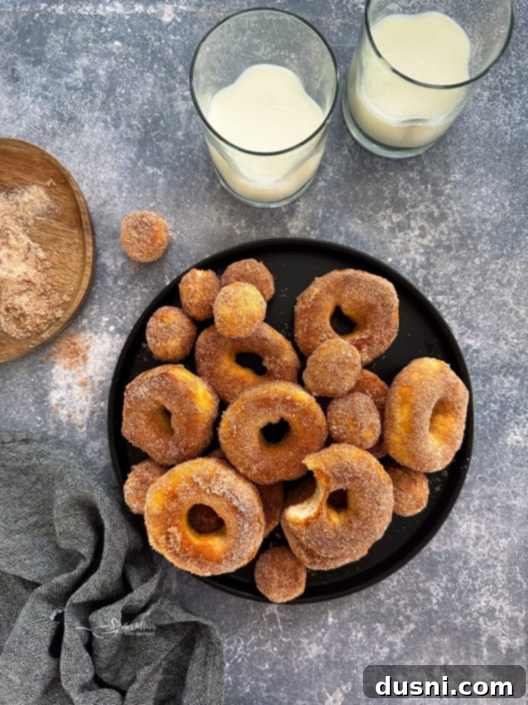 Golden Air Fryer Biscuit Doughnuts 4 A serving platter filled with cinnamon sugar air fryer biscuit donuts, ready to be enjoyed.