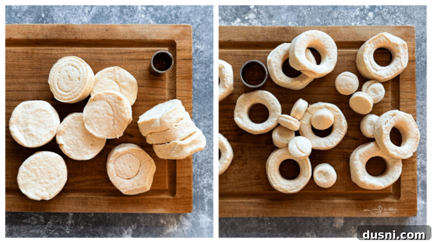 Golden Air Fryer Biscuit Doughnuts 8 A biscuit with a small hole cut out, ready for air frying.