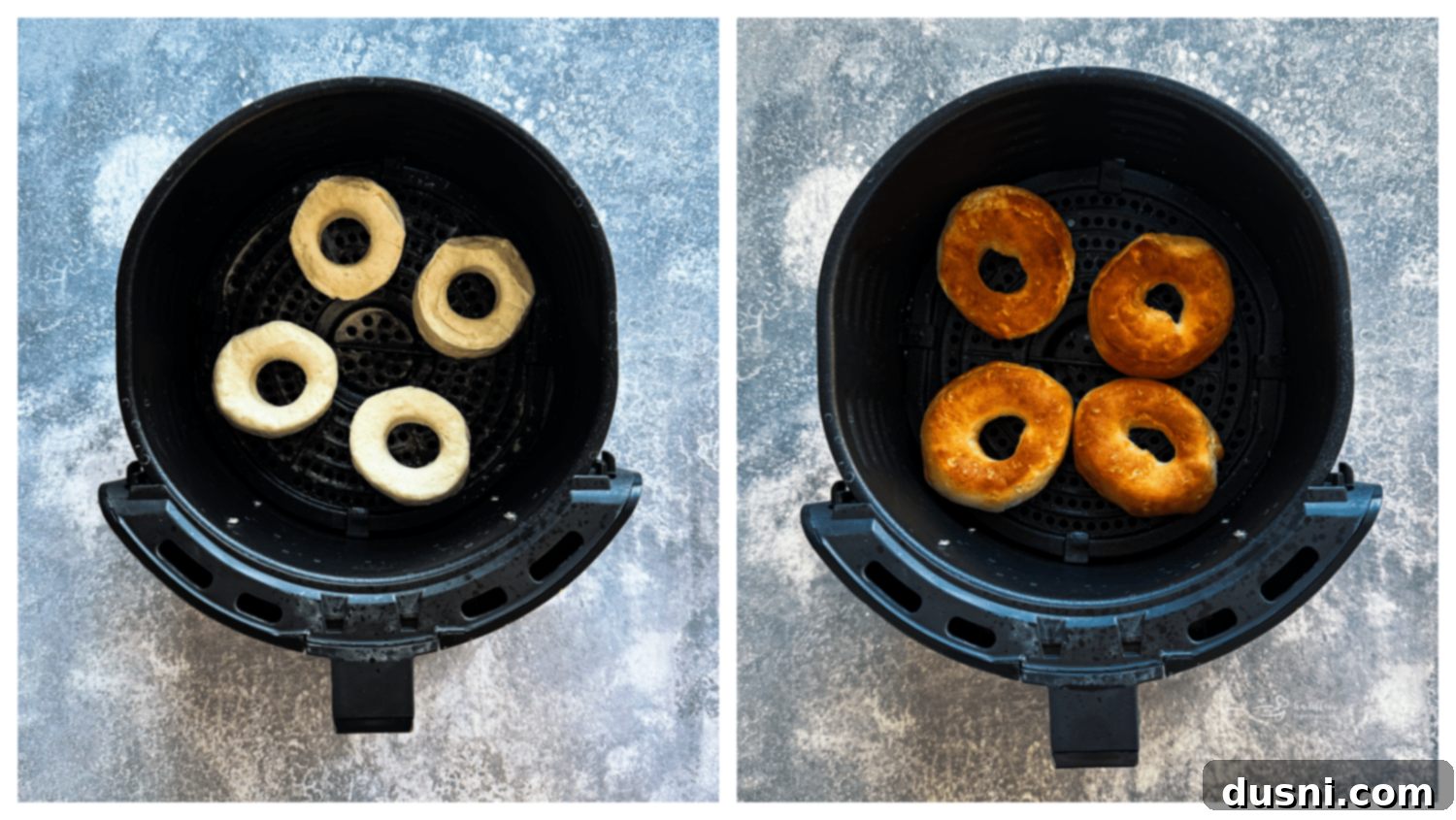Golden Air Fryer Biscuit Doughnuts 9 Biscuit donuts cooking in an air fryer basket.