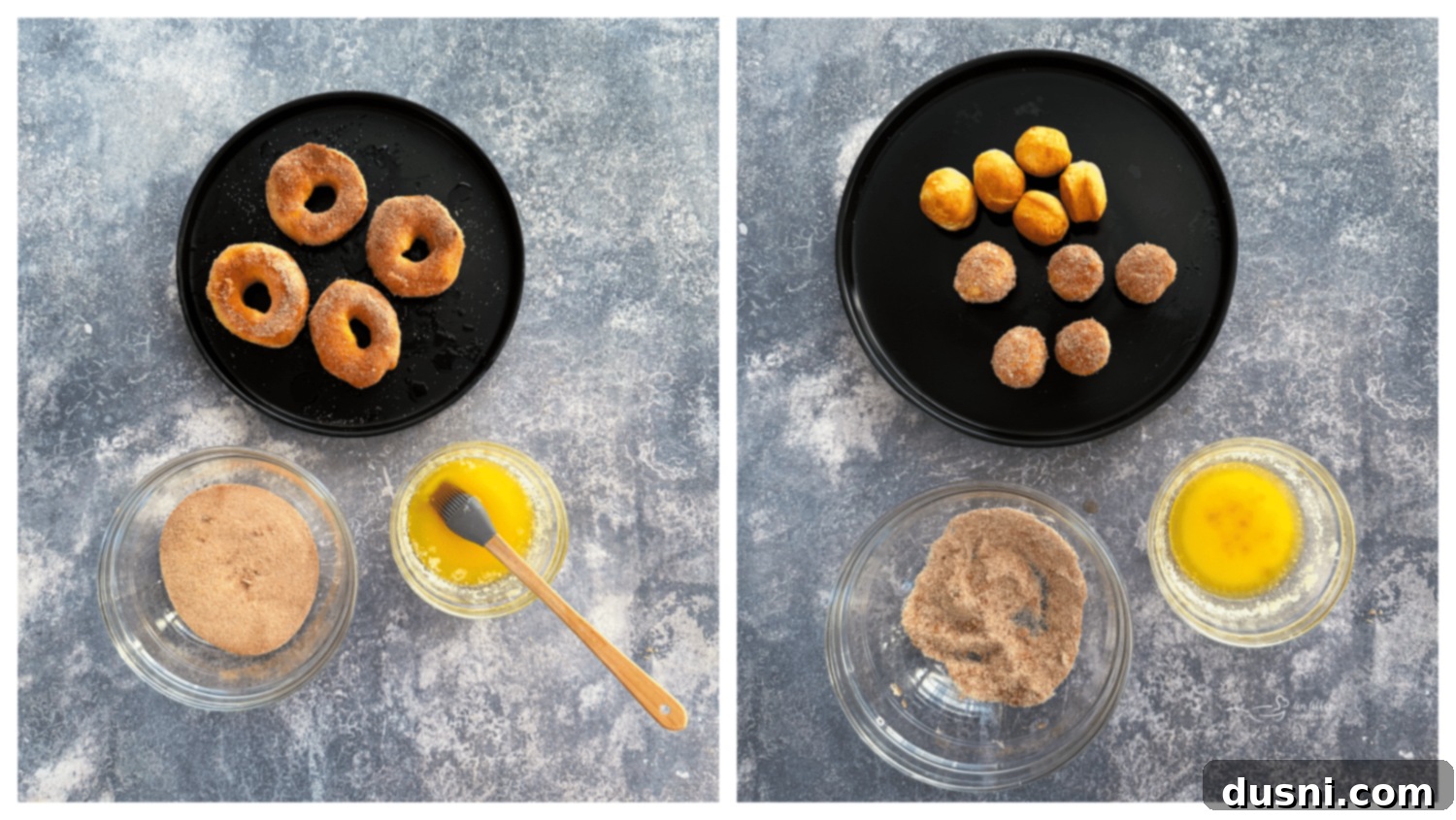 Golden Air Fryer Biscuit Doughnuts 10 Air fried biscuit donuts being brushed with melted butter.