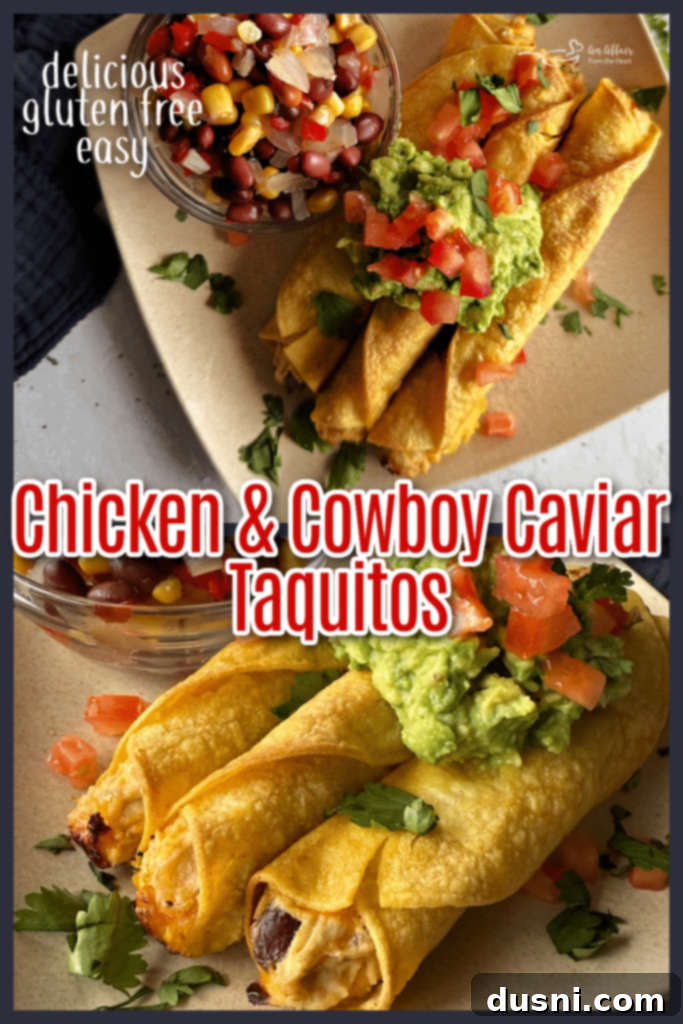 A beautifully arranged platter of Chicken and Cowboy Caviar Taquitos, garnished with fresh cilantro and avocado slices.
