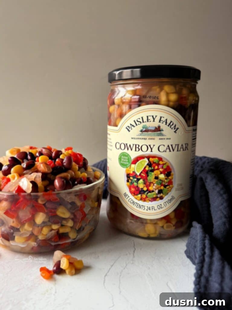 A close-up of a jar of Paisley Farm Texas Caviar, highlighting the quality and convenience of the product.