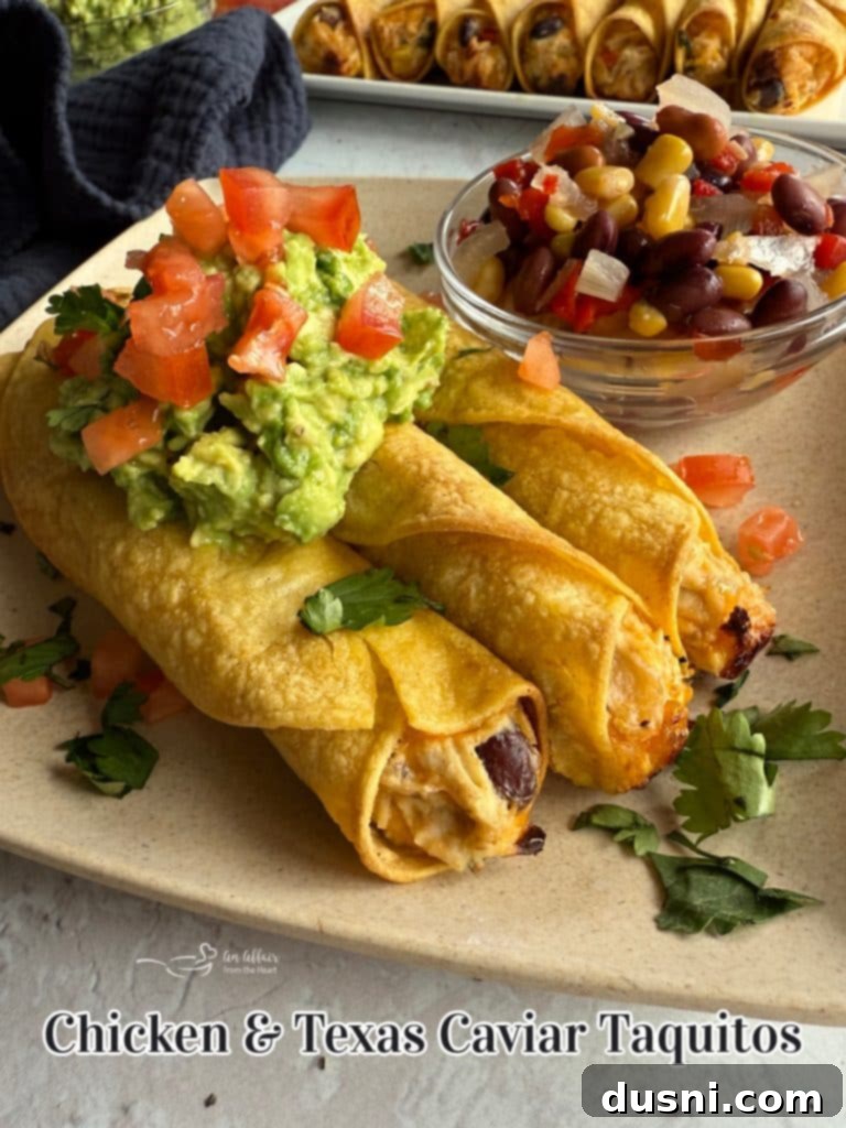 A vibrant platter of freshly baked Chicken and Cowboy Caviar Taquitos, beautifully garnished and ready for serving.