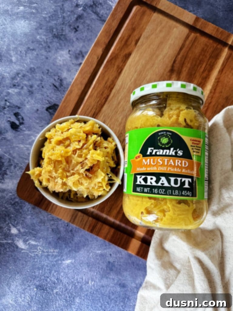 A jar of Frank's Mustard Kraut, highlighting its unique blend of sauerkraut and mustard flavor.
