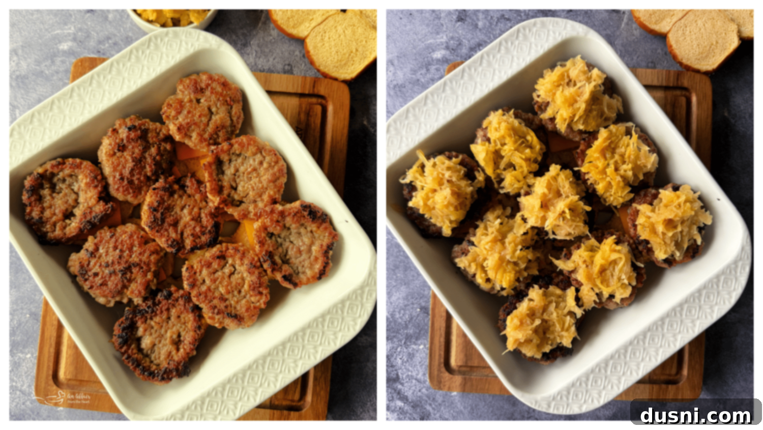 Step 3: Assembling sliders with cheese on bottom buns, followed by bratwurst patties.