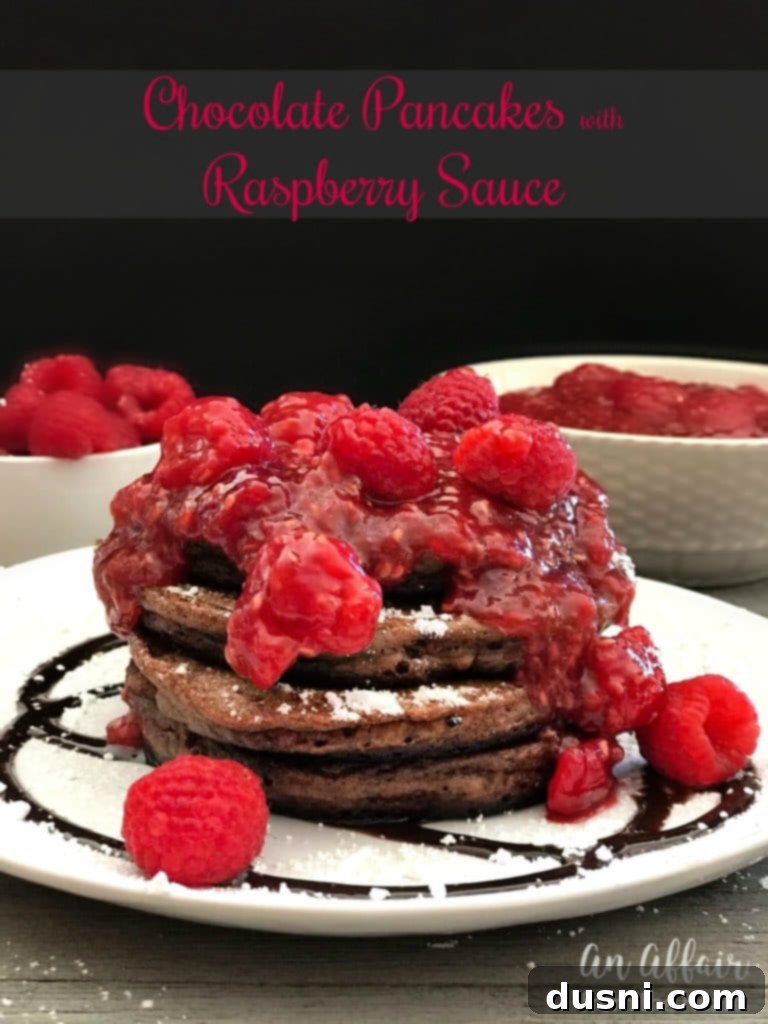 Hero shot of Chocolate Pancakes with Raspberry Sauce