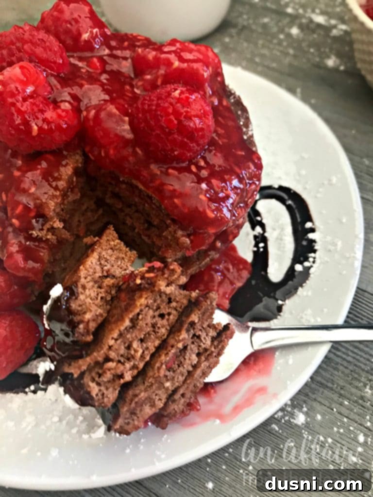 Chocolate Pancakes with Raspberry Sauce and Powdered Sugar