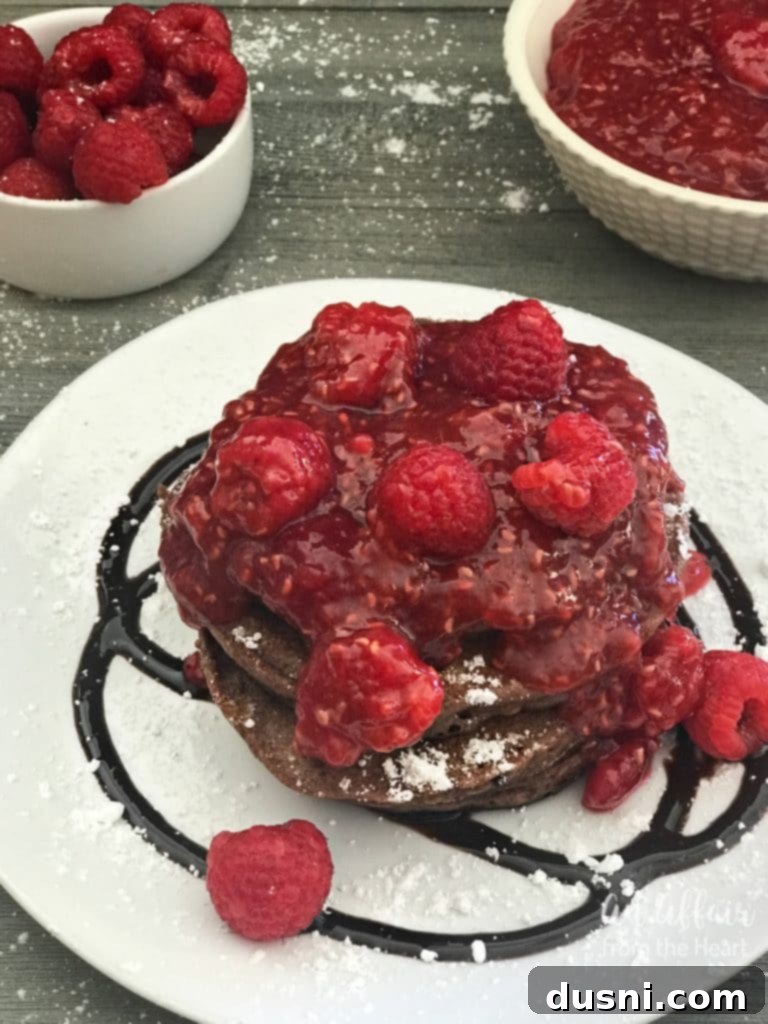 Another view of Chocolate Pancakes with Raspberry Sauce