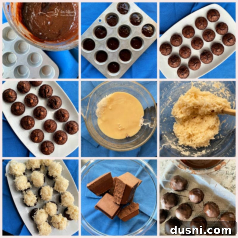 Coconut Almond Brownie Bites 4 Collage of Almond Joy Brownie Bites showing various stages of preparation and finished product