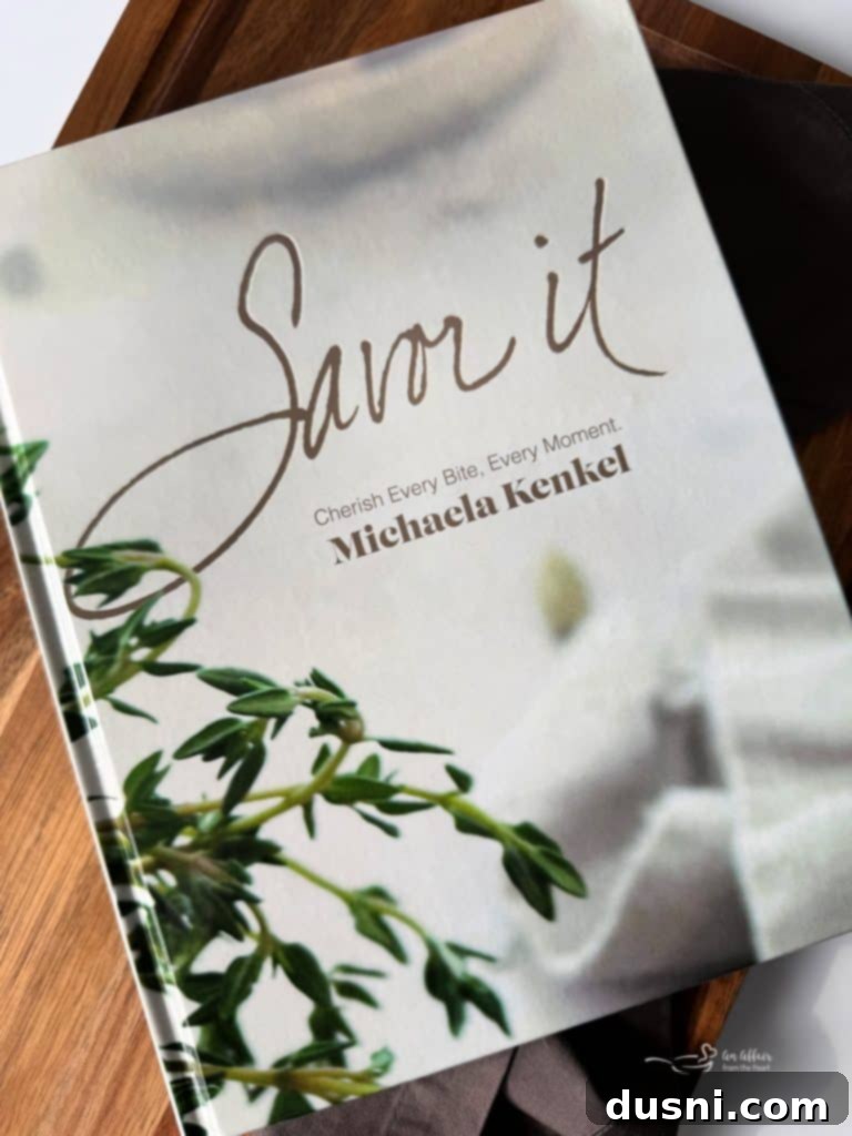 Savor It cookbook by Michaela Kenkel, featuring a beautifully plated dish and fresh ingredients.