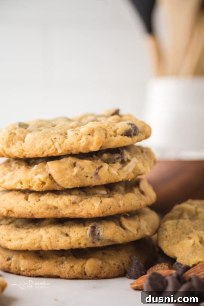 Almond Joy Cookies on a wooden board