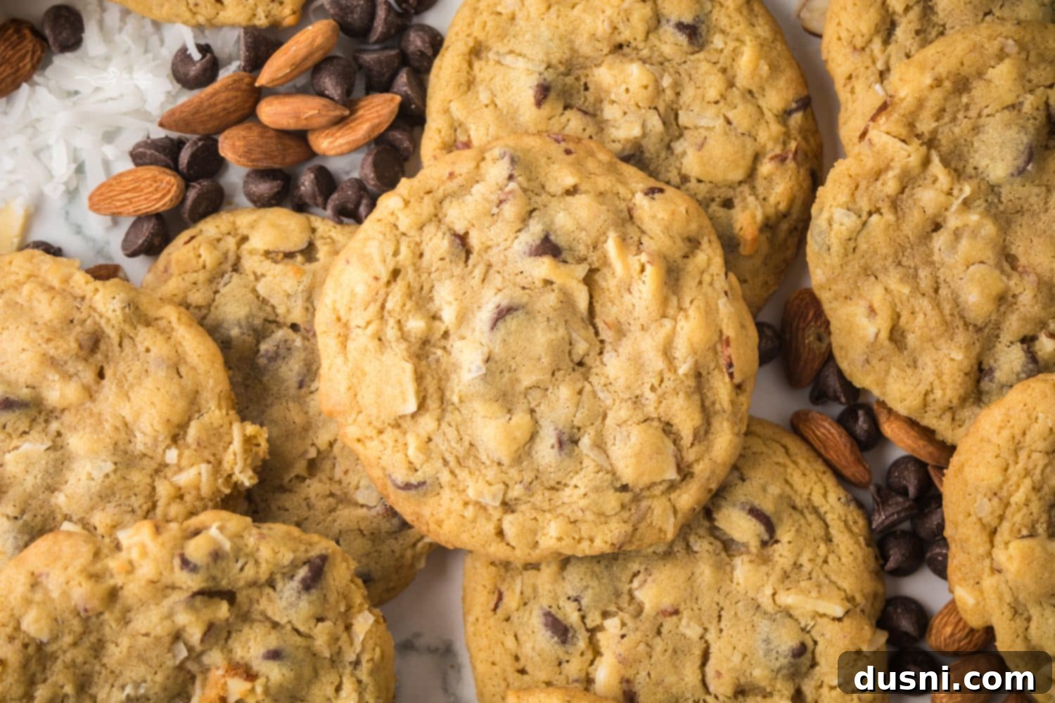 Close-up of Almond Joy Cookies on a cooling rack