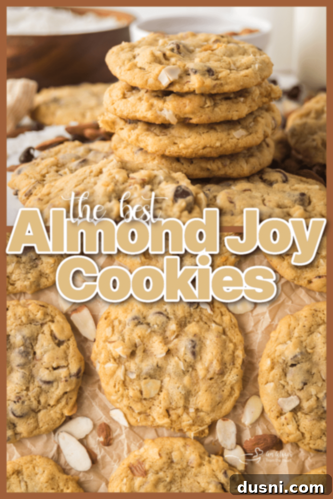 Two Almond Joy Cookies displayed with ingredients