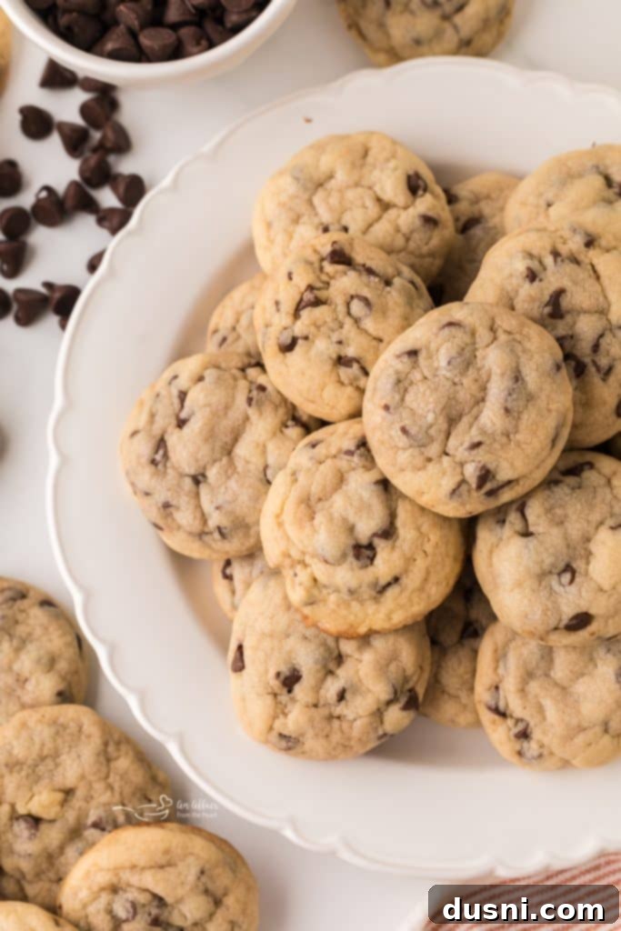 Tiny Chocolate Chip Delights 13 A stack of mini chocolate chip cookies, showcasing their perfect size.